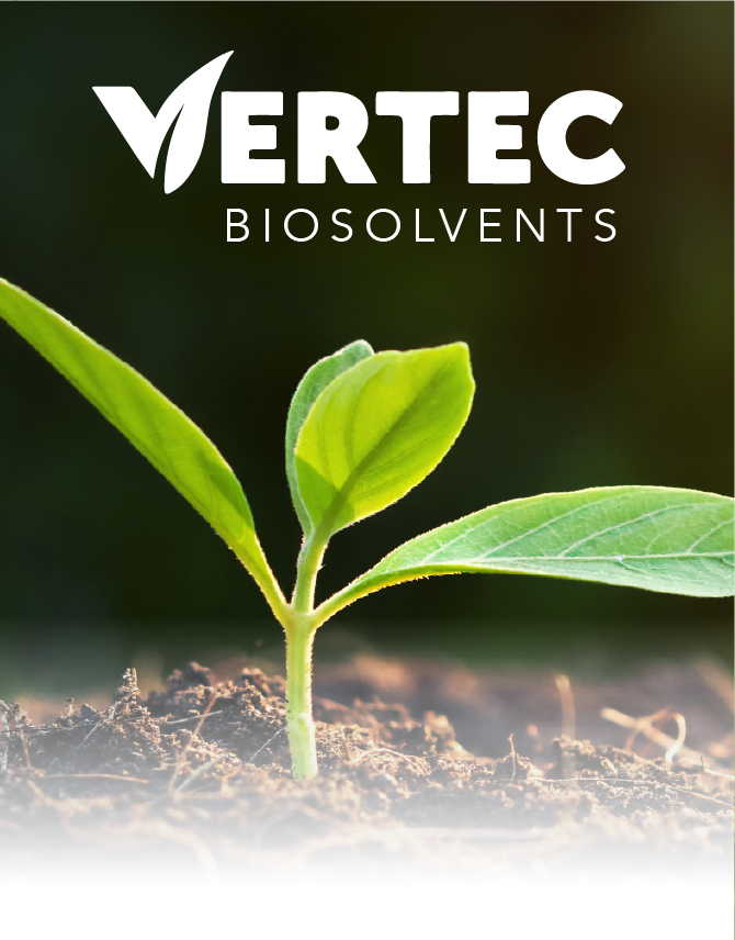 VERTEC Biosolvents logo above a green seedling growing from dark soil