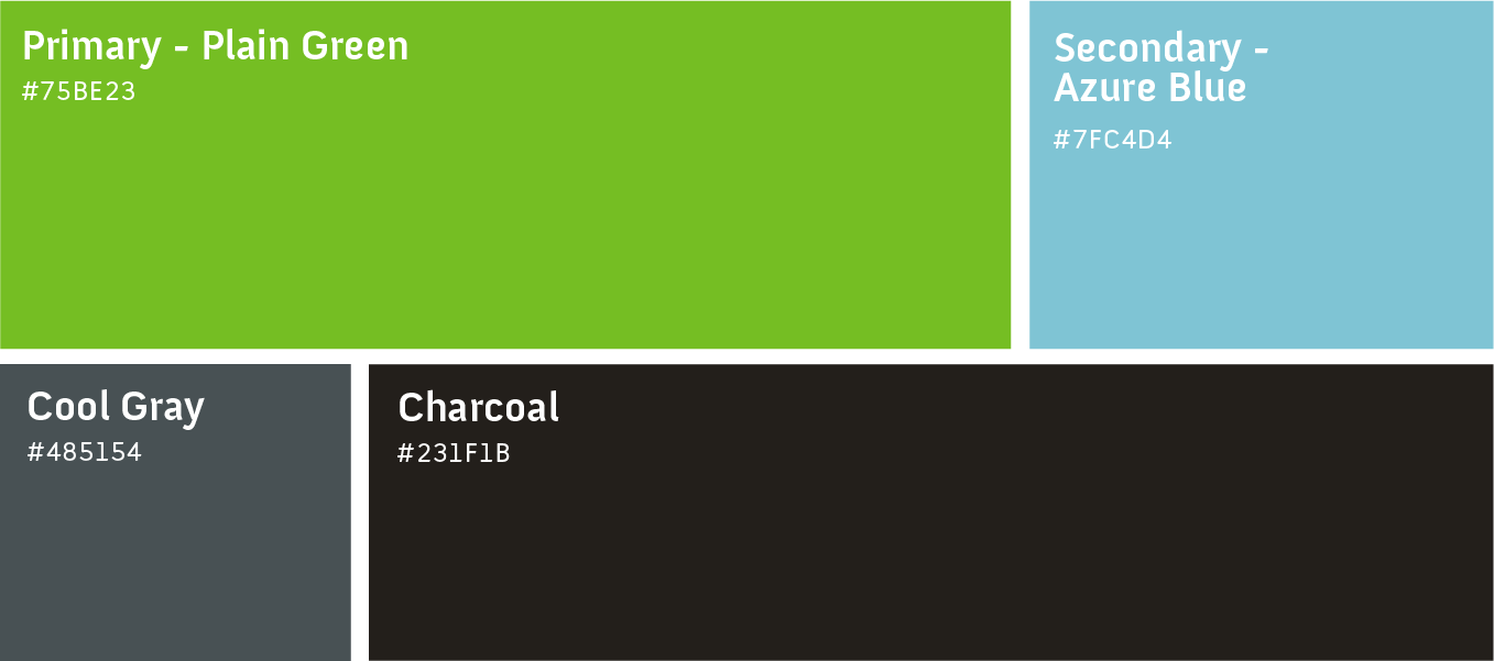 Color palette swatches labeled Primary, Secondary, Cool Gray, and Charcoal in green, blue, gray, and black.