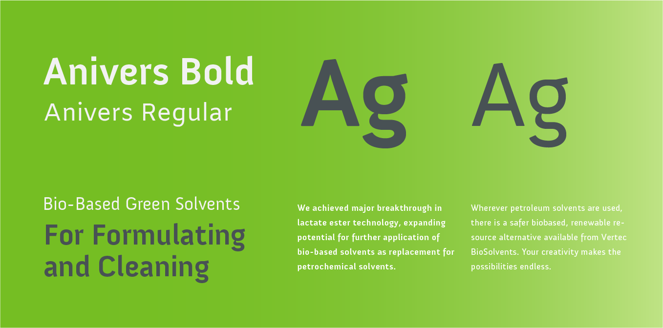 Green poster showing Anivers Bold and Anivers Regular typefaces with “Bio-Based Green Solvents” text.