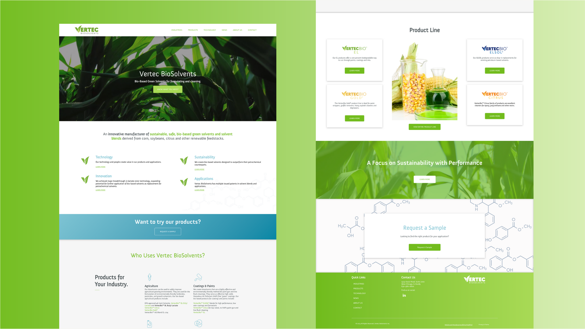 Green-themed website mockup with two desktop page layouts, featuring a forest header and product/price sections.