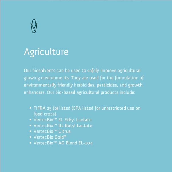 Blue Agriculture slide with leaf icon and bullet list of bio-based products for sustainable farming