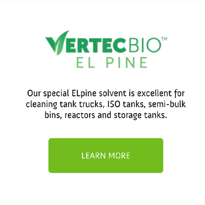 VertecBio El Pine ad with text on cleaning tank trucks, ISO tanks, bins, reactors, and storage tanks; green Learn More button