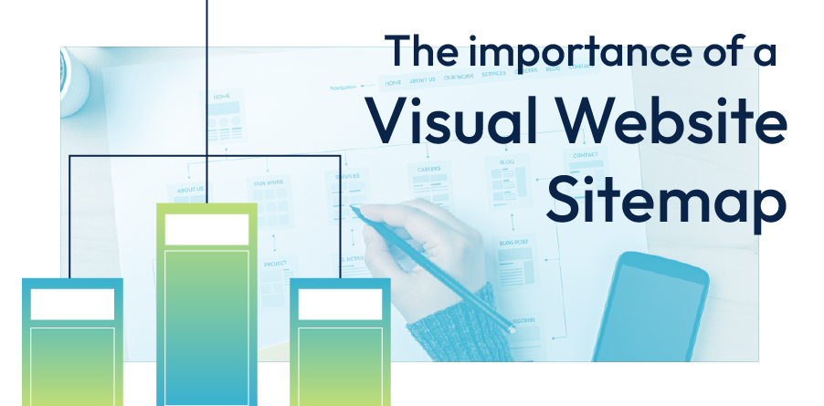 Banner reading “The importance of a Visual Website Sitemap” with blue and green chart graphics