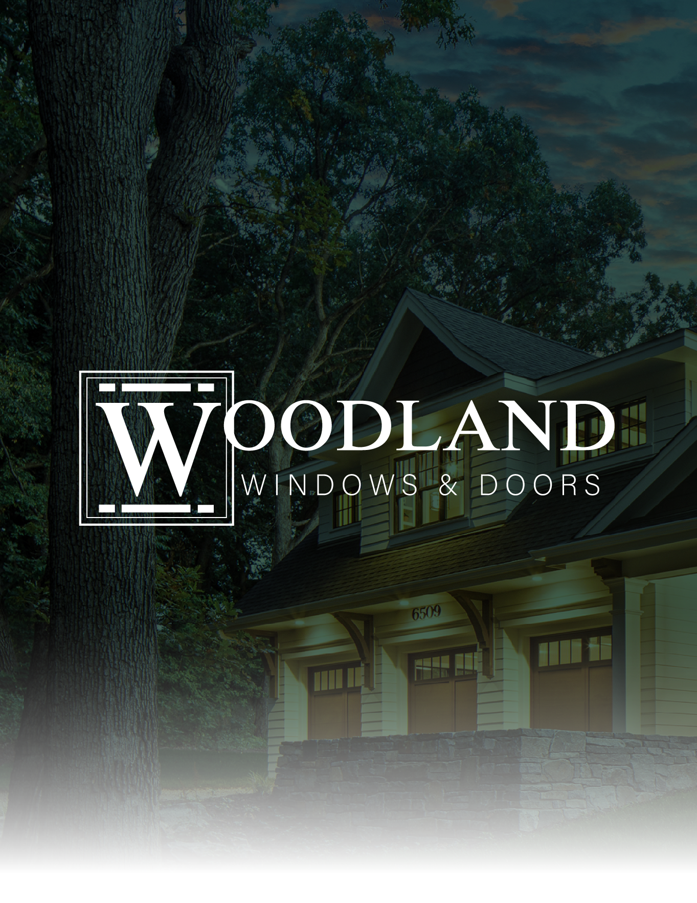 Woodland Windows & Doors logo over a dark forest and house exterior