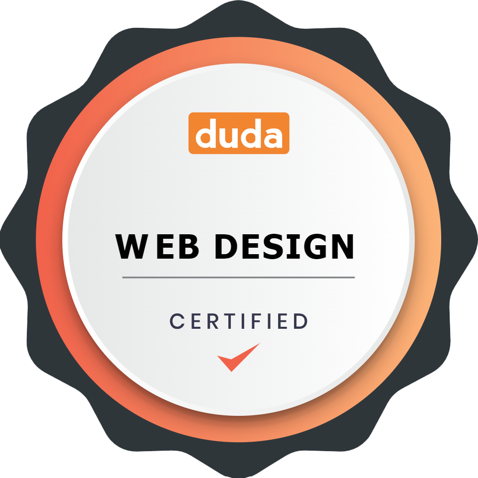 Duda web design certified badge in orange, white, and black