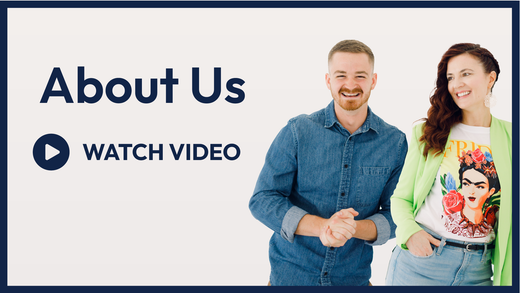 About Us banner with a watch video button and two people smiling