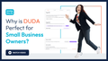 Ad for DUDA: “Why is DUDA Perfect for Small Business Owners?” with website mockup and woman jumping on white background