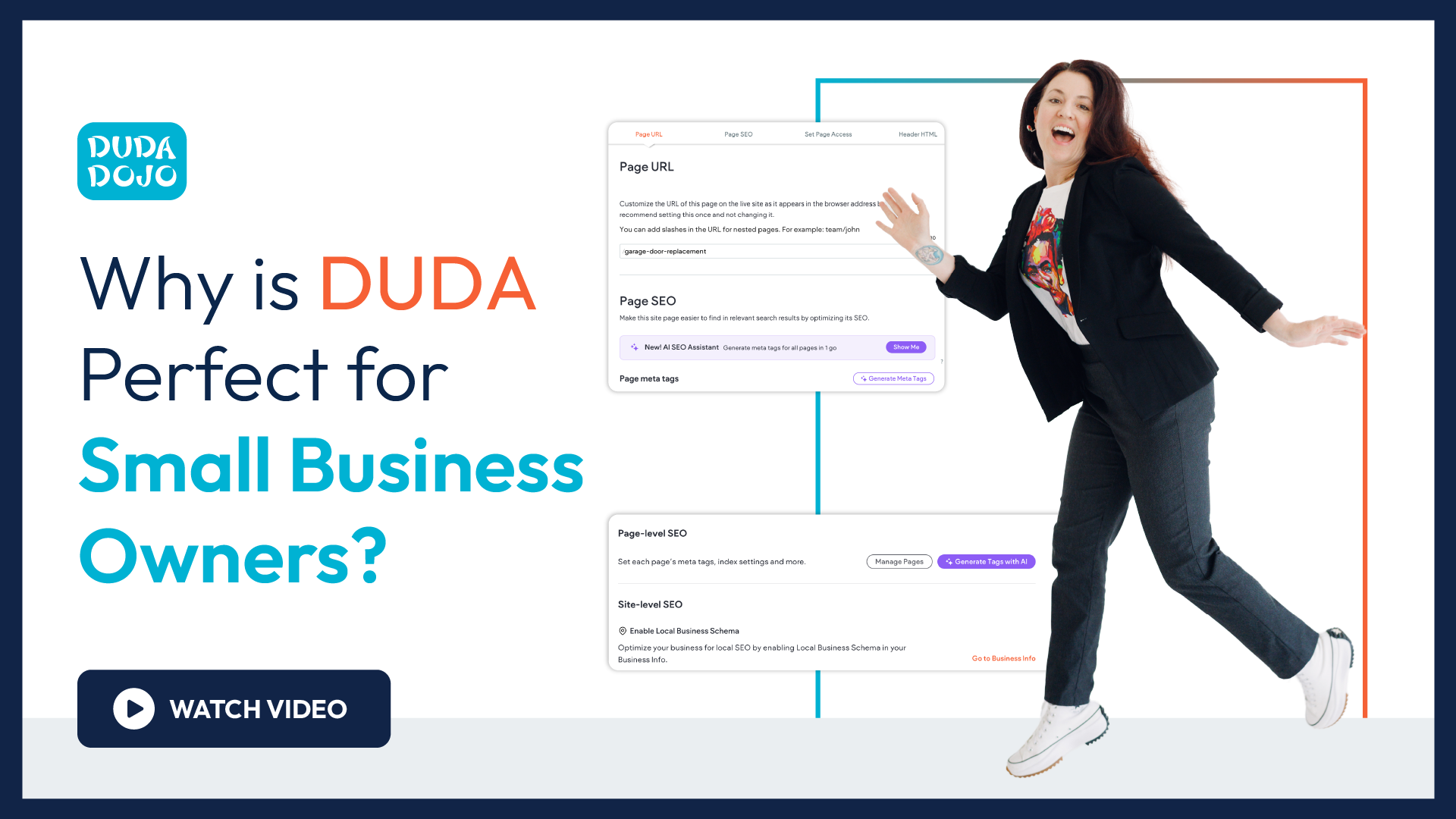 Ad for DUDA: “Why is DUDA Perfect for Small Business Owners?” with website mockup and woman jumping on white background