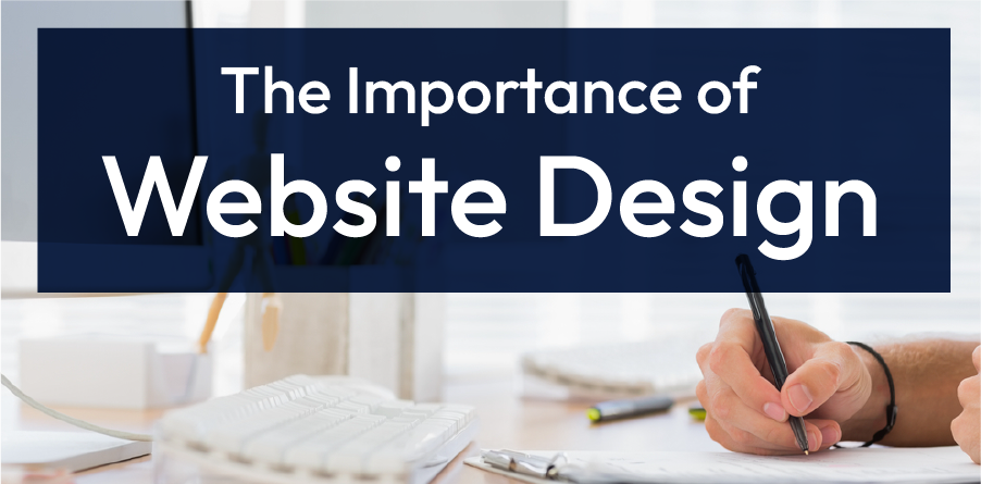 The Importance of Website Design over a desk with a hand writing and a laptop in the background