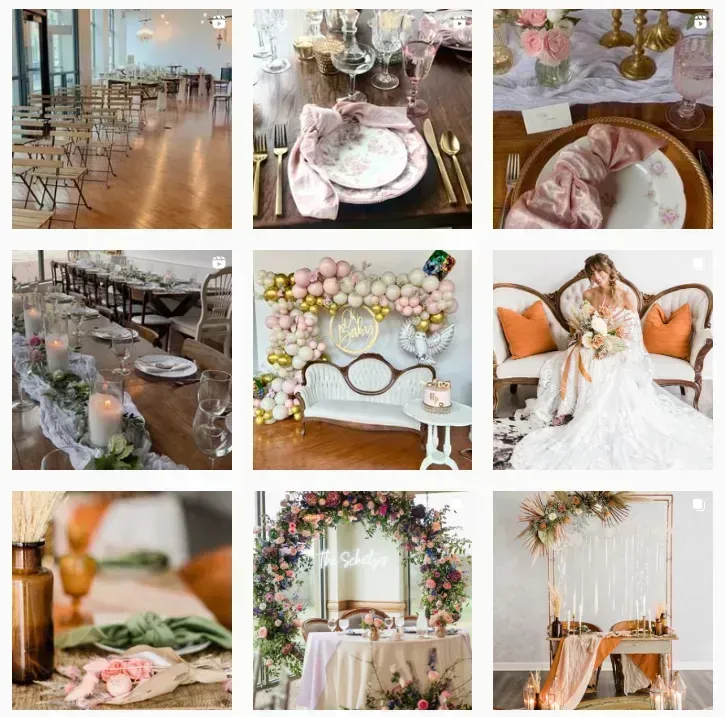 Elegant pastel wedding décor collage with floral tablescapes, chairs, arch, and a bride on a bed