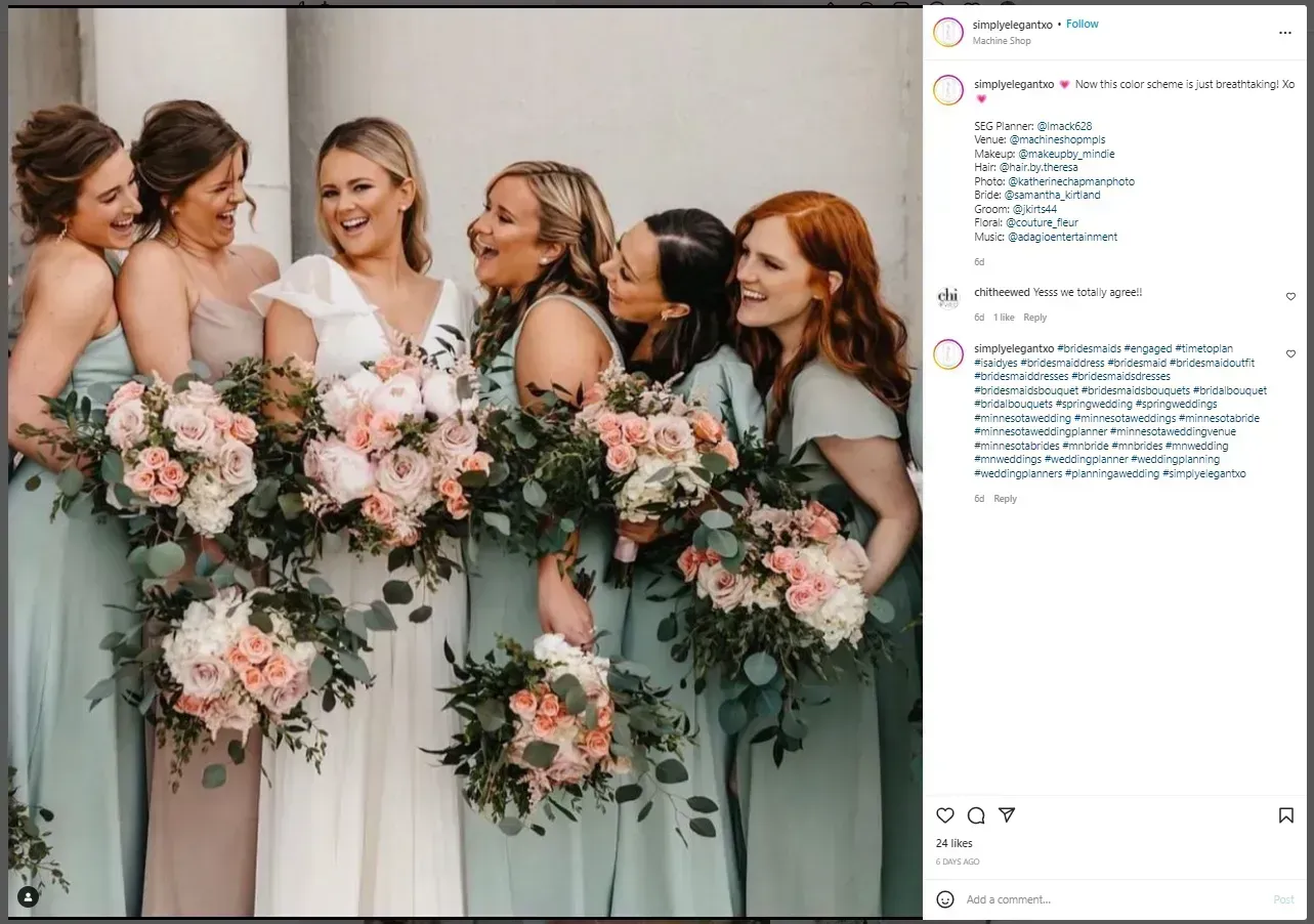 Five bridesmaids in sage green dresses and one in white hold pink bouquets, smiling together indoors