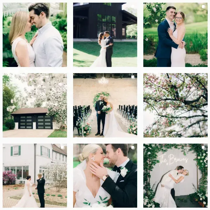 Wedding photo collage of a couple in white and black attire, embracing outdoors under floral archways.
