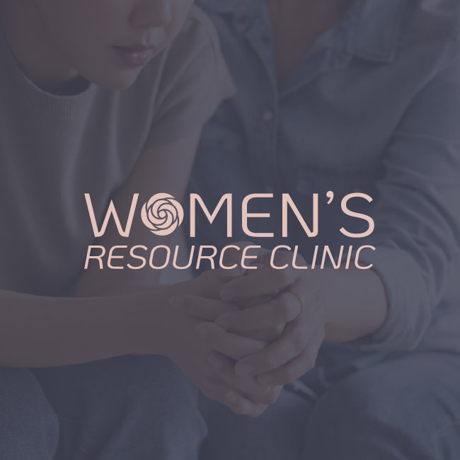 Women’s Resource Clinic logo over a soft blue photo of clasped hands