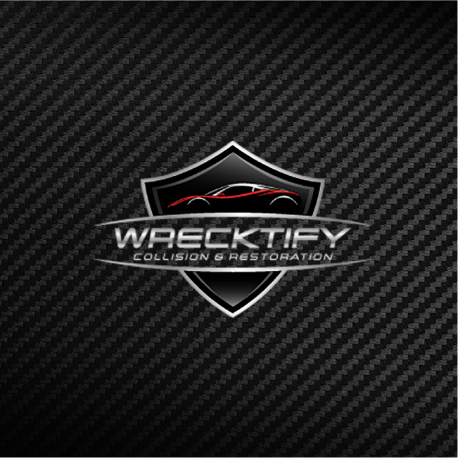 Wrecktify Collision Restoration logo on a dark carbon-fiber background with a shield and red car outline