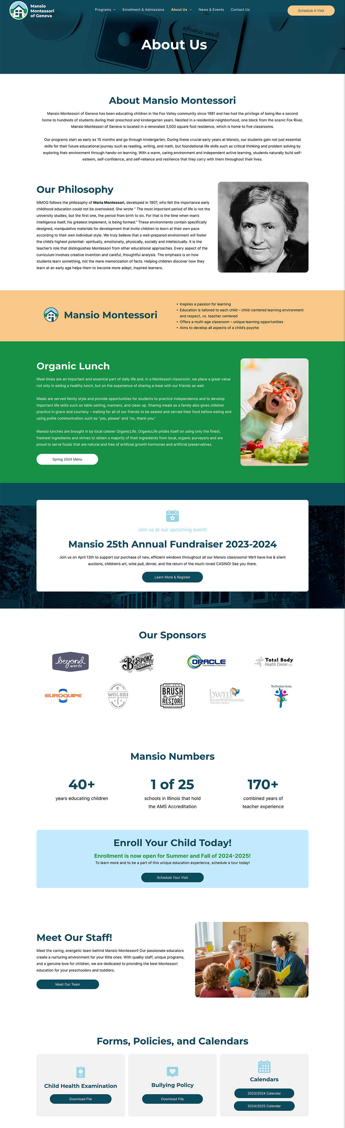 Dark teal and green webpage with profile card, illustrated panels, icons, and Japanese text sections