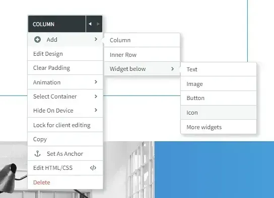 Website editor context menu with column options and widget submenu open over a page layout