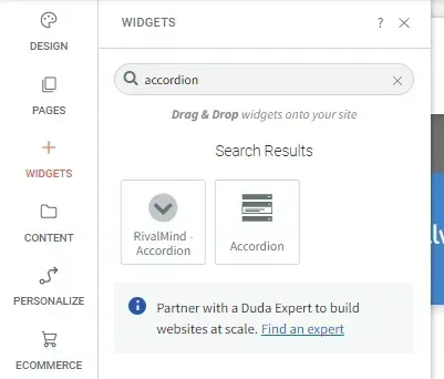 Widgets panel with search results for “accordion,” showing Rivalland Accordion and Accordion tiles.