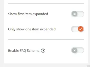 FAQ settings panel with three toggle switches, one enabled in orange and two disabled in gray