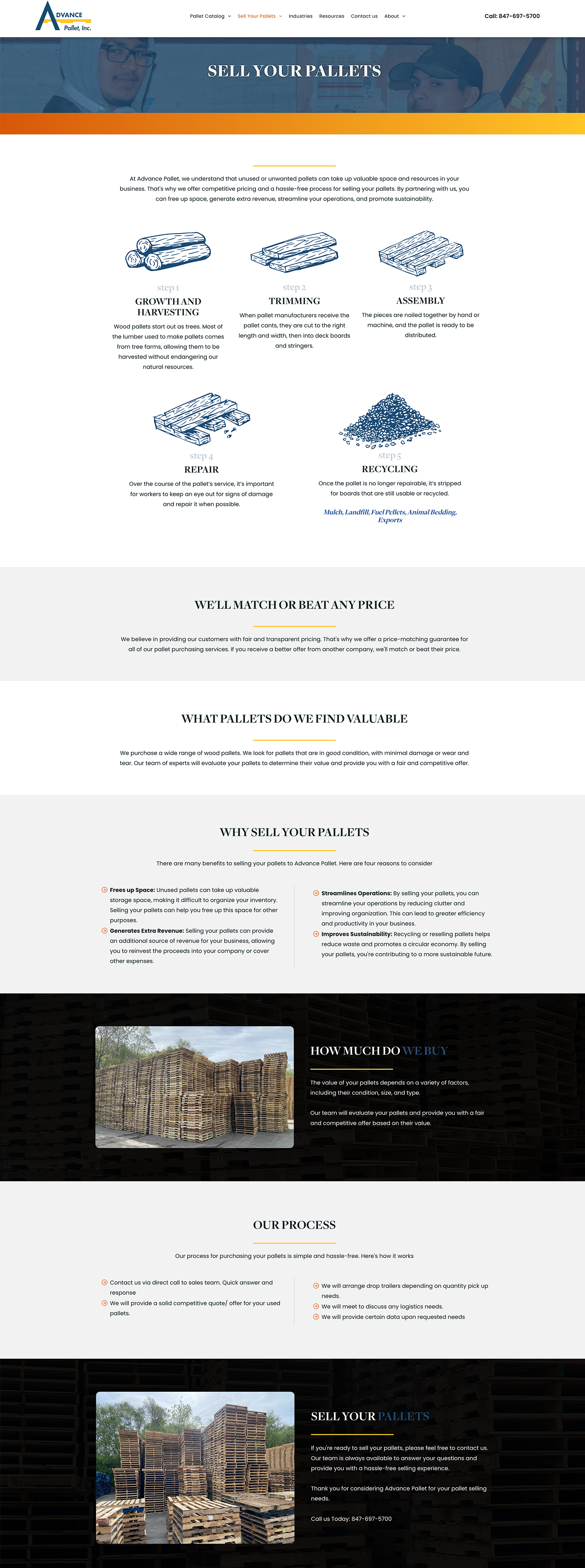 Website page with blue icons and two landscape photo sections in a clean white layout