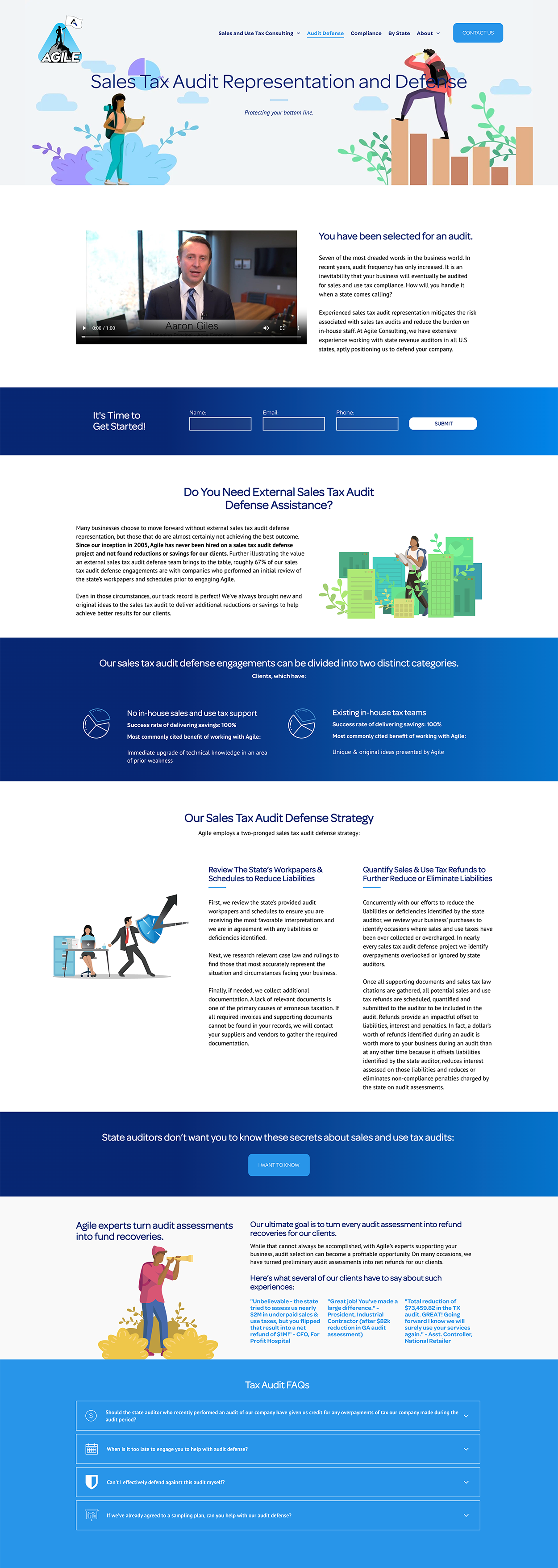 Website homepage with blue and white sections, hero banner, video thumbnail, and service information blocks