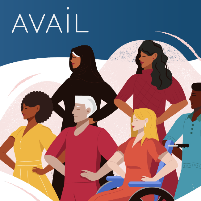 Stylized diverse group seated in wheelchairs with AVAIL text on blue background