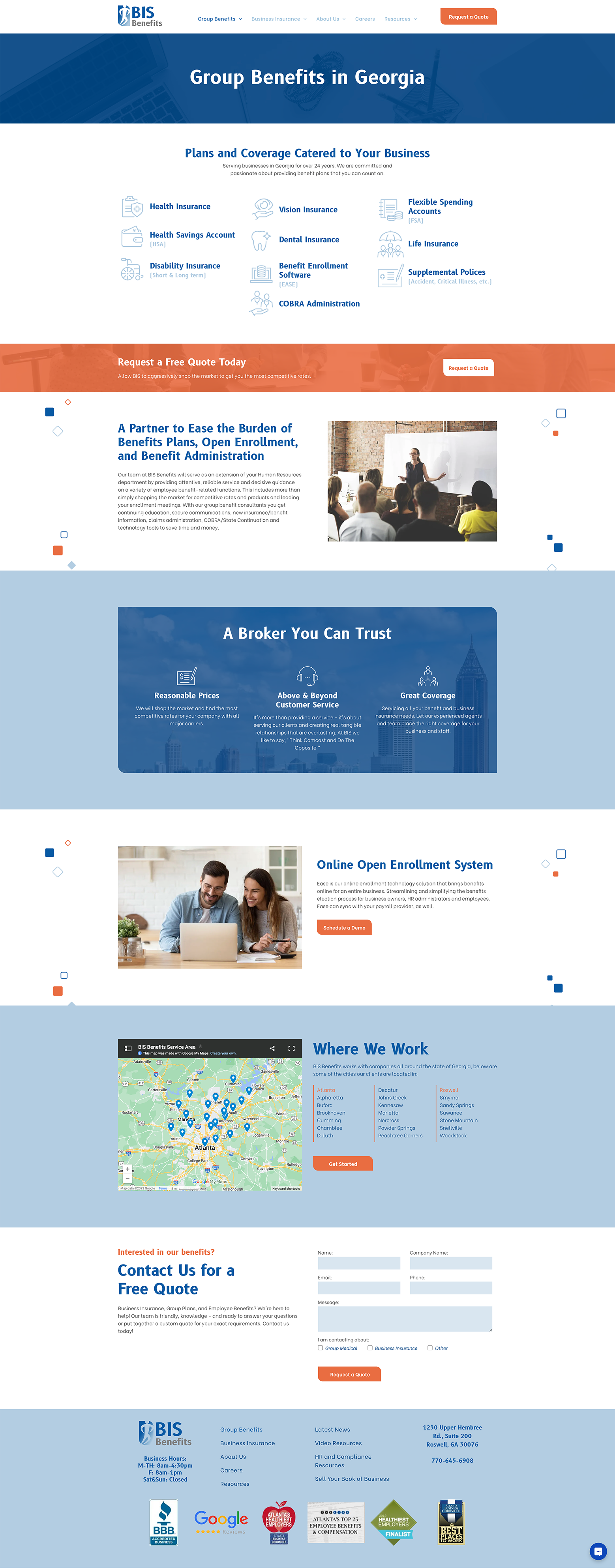 Website homepage with blue and orange sections, navigation, cards, and banner images.