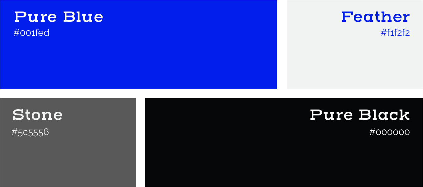 Color swatches labeled Pure Blue, Feather, Stone, and Pure Black with their hex values