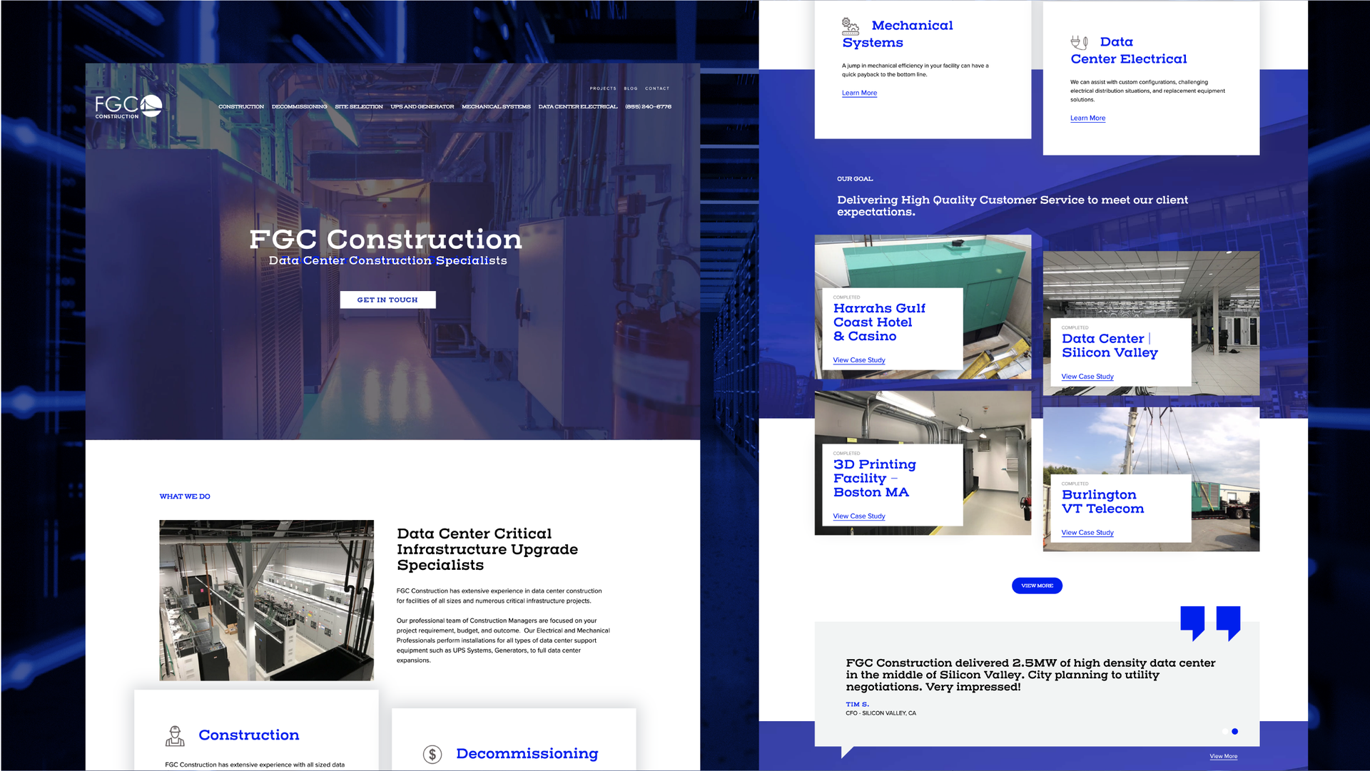 Dark blue construction company website mockup with service cards, hero banner, and contact form