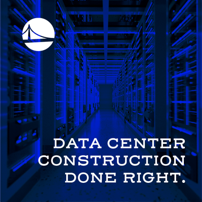 Blue-lit data center aisle with logo and text: “DATA CENTER CONSTRUCTION DONE RIGHT.”