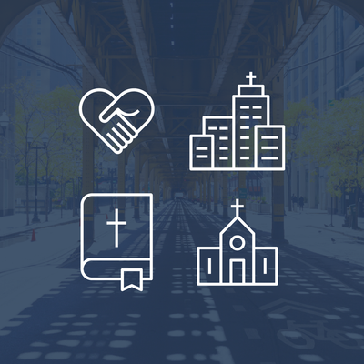White church, Bible, heart-hands, and city buildings over a blue background of an empty street.