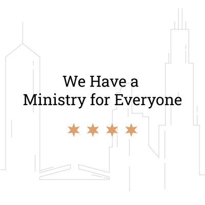 Text reads “We Have a Ministry for Everyone” with four gold stars on a light city skyline background.