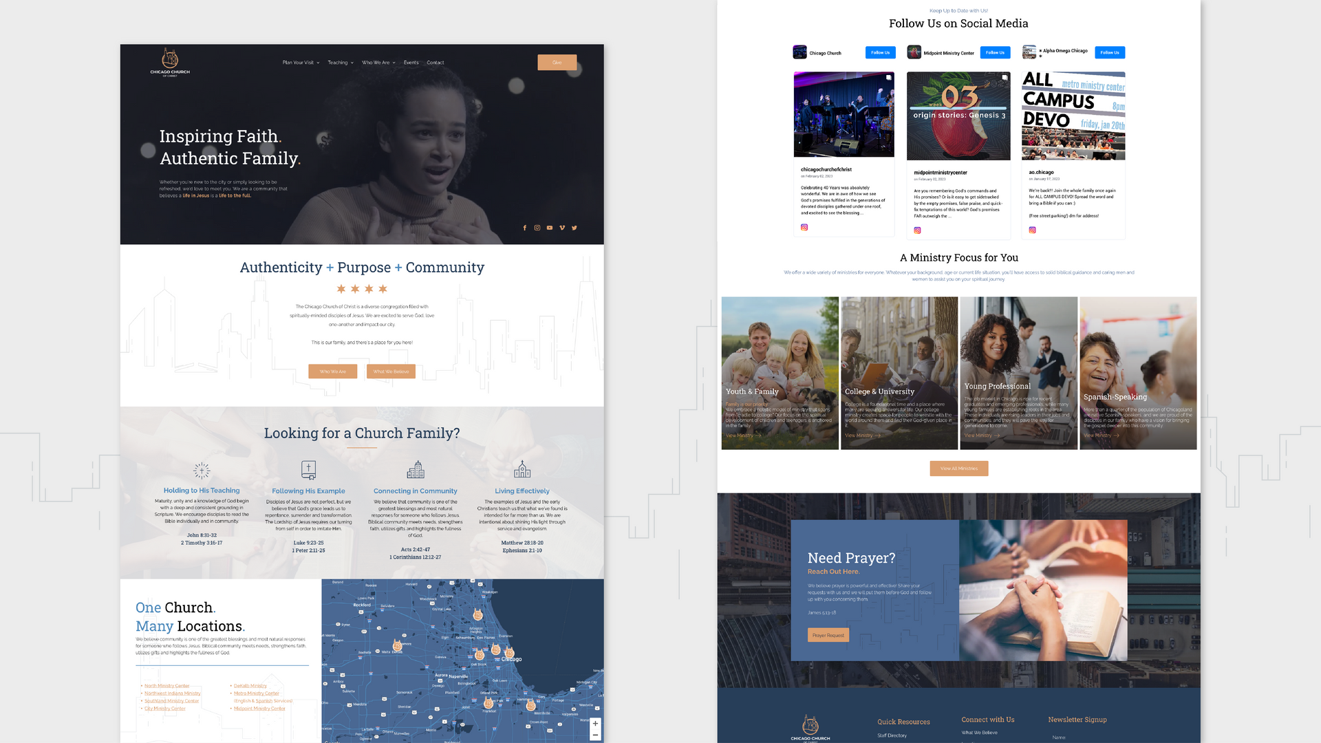 Website design mockups shown on a light background, with dark hero sections and content cards