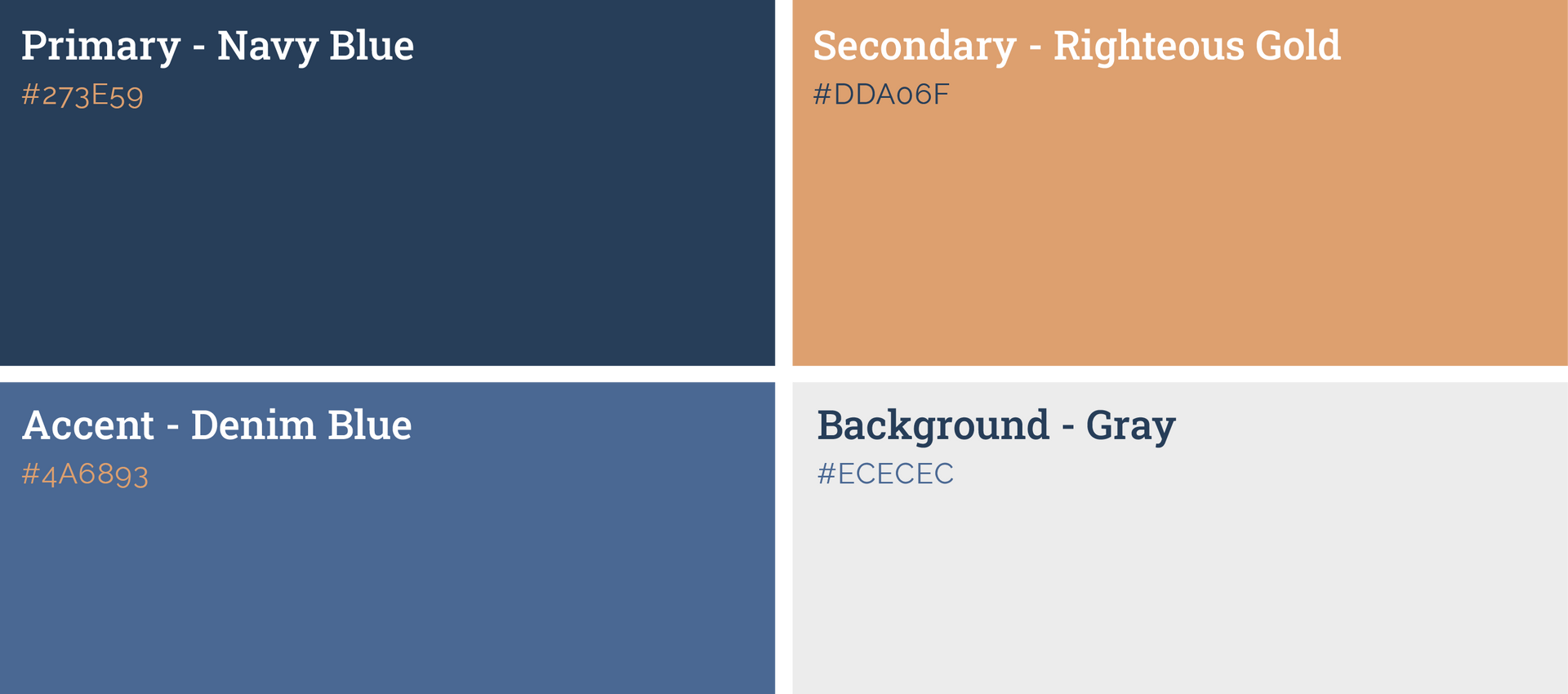 Color palette with navy, gold, denim blue, and gray swatches labeled primary, secondary, accent, and background