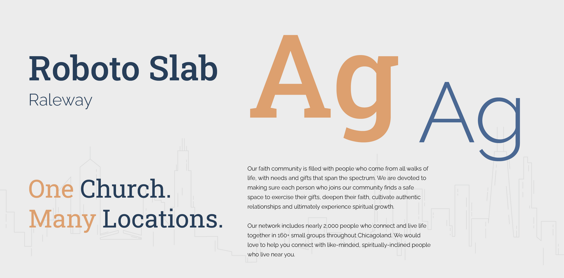 Logo for Roboto Slab and Ag display with gray and tan text, plus the slogan “One Church. Many Locations.”