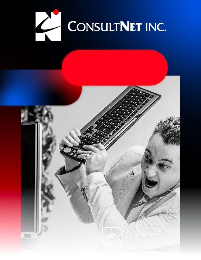 ConsultNet Inc. logo over a black-and-red ad showing a man excitedly holding a keyboard