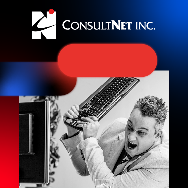 ConsultNet Inc. ad with a man swinging a keyboard at a computer in a red-and-blue graphic layout
