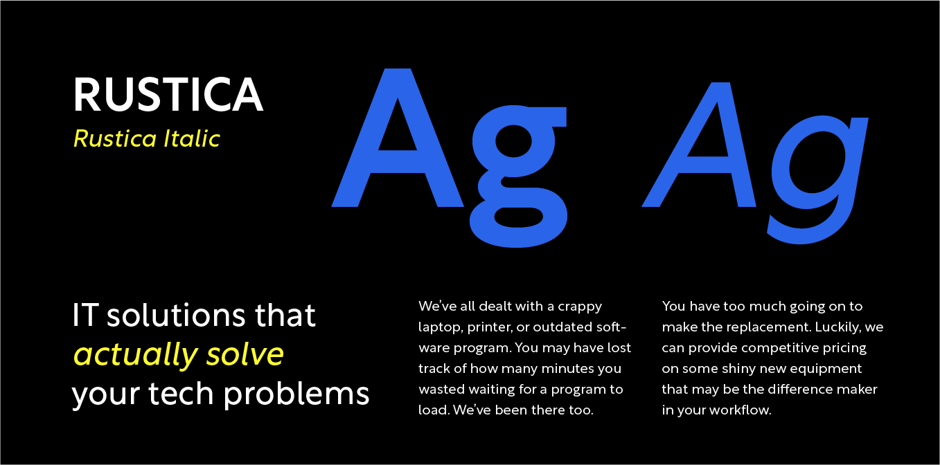 Rustica Tech branding with blue “Ag,” black text, and the tagline “IT solutions that actually solve your tech problems”