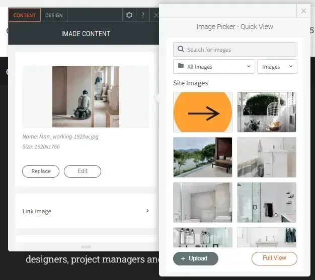 Interface showing two image-selection dialogs with photo thumbnails and upload/edit controls.