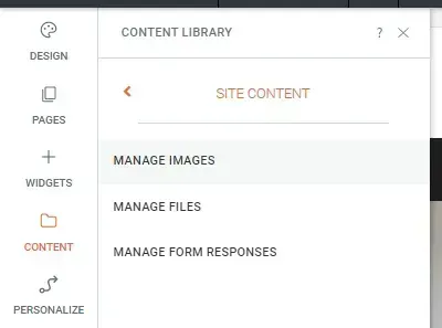 Website editor sidebar showing Content Library with options for site content, manage images, files, and form responses.