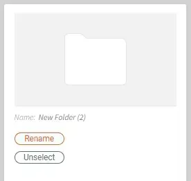 Folder thumbnail labeled “New Folder (2)” with Rename and Unselect buttons below