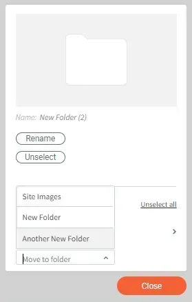 Folder management popup with rename, unselect, move-to-folder menu, and orange Close button
