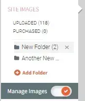 Site Images panel showing uploaded and purchased folders, add folder link, and manage images toggle.