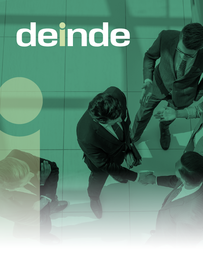 Green-tinted business people in a meeting with the word “deinde” at top left