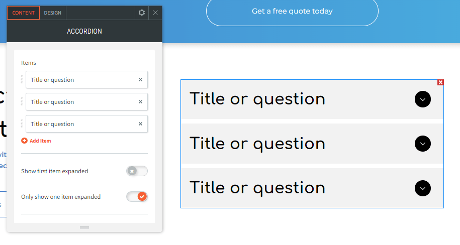 Blue webpage mockup with a left settings panel and three stacked white cards labeled “Title or question”
