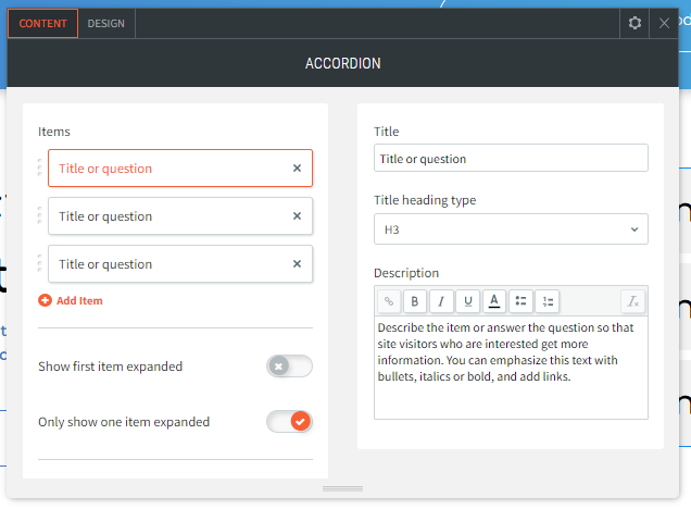 Accordion settings panel with item list, title and description fields, and toggle switches.