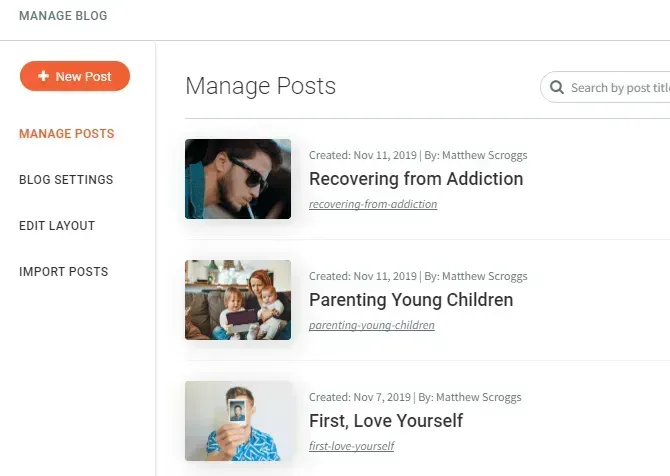 Blog admin “Manage Posts” page with left sidebar and a list of post titles, including “Recovering from Addiction” and “Parenting Young Children”