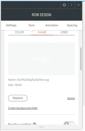 Row design settings panel showing an image tab with Replace and Delete options