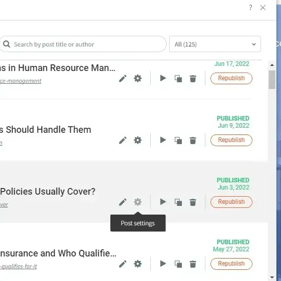 Publishing dashboard with article list, search bar, and rows marked Published with edit, settings, play, and delete icons