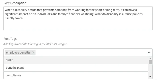 Accessibility form with post description and tag field showing dropdown options under a search box