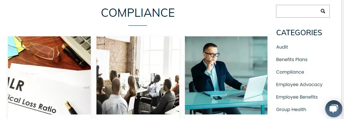 Compliance webpage with a header and three business-related photo tiles alongside a categories sidebar